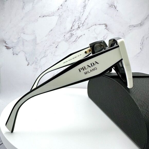 New Prada Sunglasses Womens Black White Symbole Logo Authentic Gold Logo Italy - Picture 6 of 16